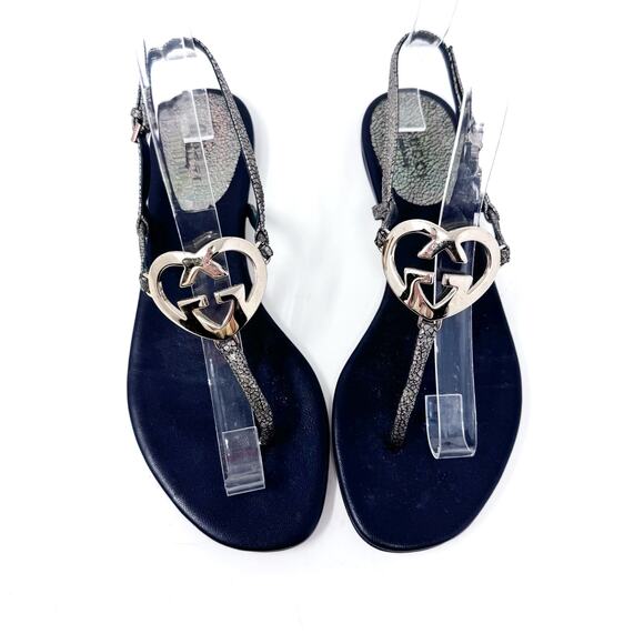 GUCCI GG Black Silver Logo Monogram Ellesmere Heart Designer Vintage Sandals 36 - Picture 3 of 10